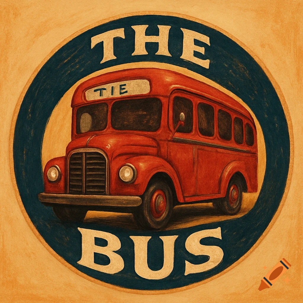 Vintage red bus logo with text 'THE BUS' and 'TIE' in a blue circle on a textured background.