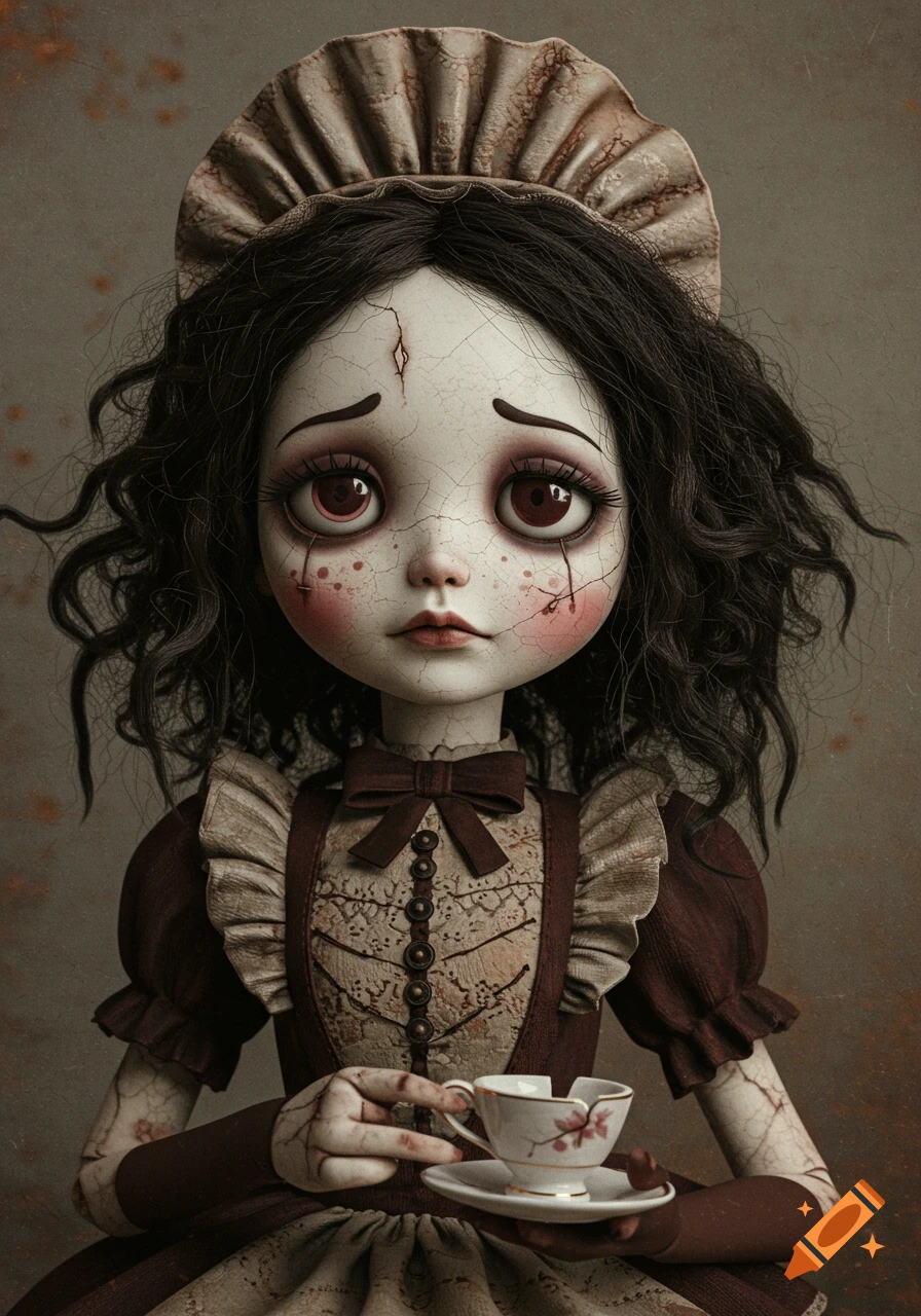 Creepy porcelain doll with cracked skin, dark hair, wearing a maid outfit, holding a teacup in an eerie, stylized look.