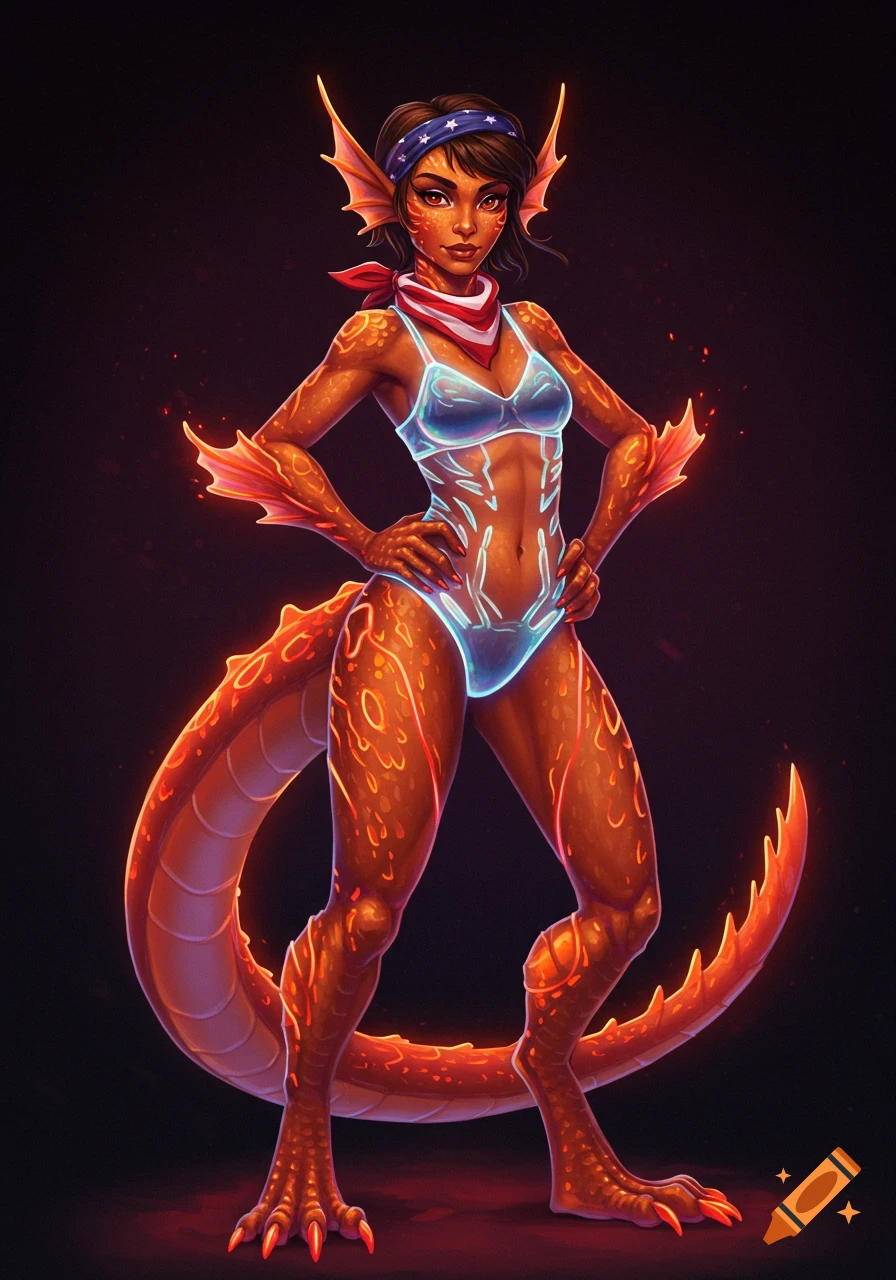 A confident salamander monster girl with glowing scales and a bandana poses in a bikini.