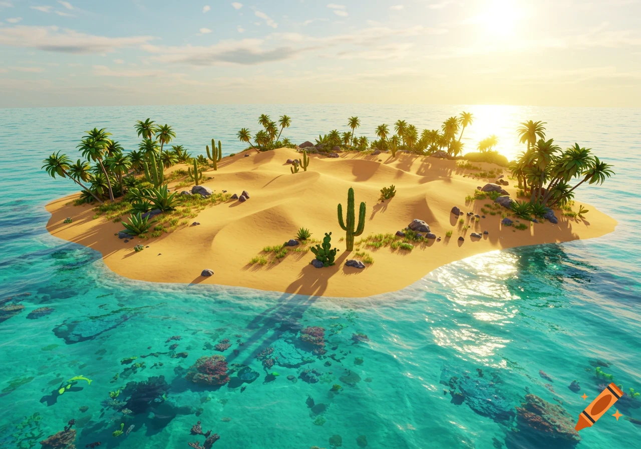 Stylized tropical island with sand dunes, palm trees, cacti, and clear turquoise water under a bright sun.