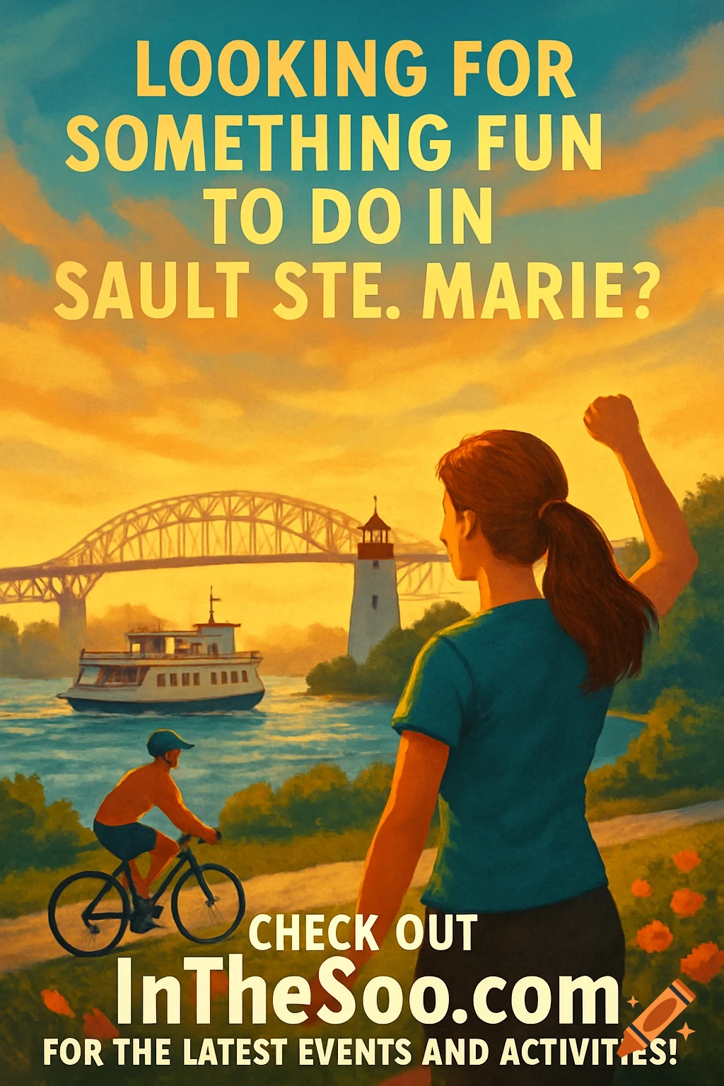 Poster advertising Sault Ste. Marie activities with river scene, bridge, lighthouse, boat, and people exercising at sunset.