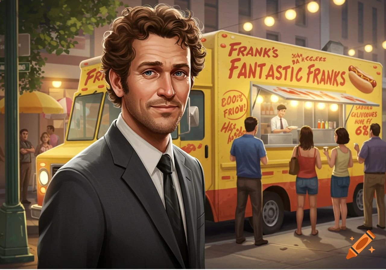 A man in a suit smiles in front of a yellow food truck selling hot dogs.