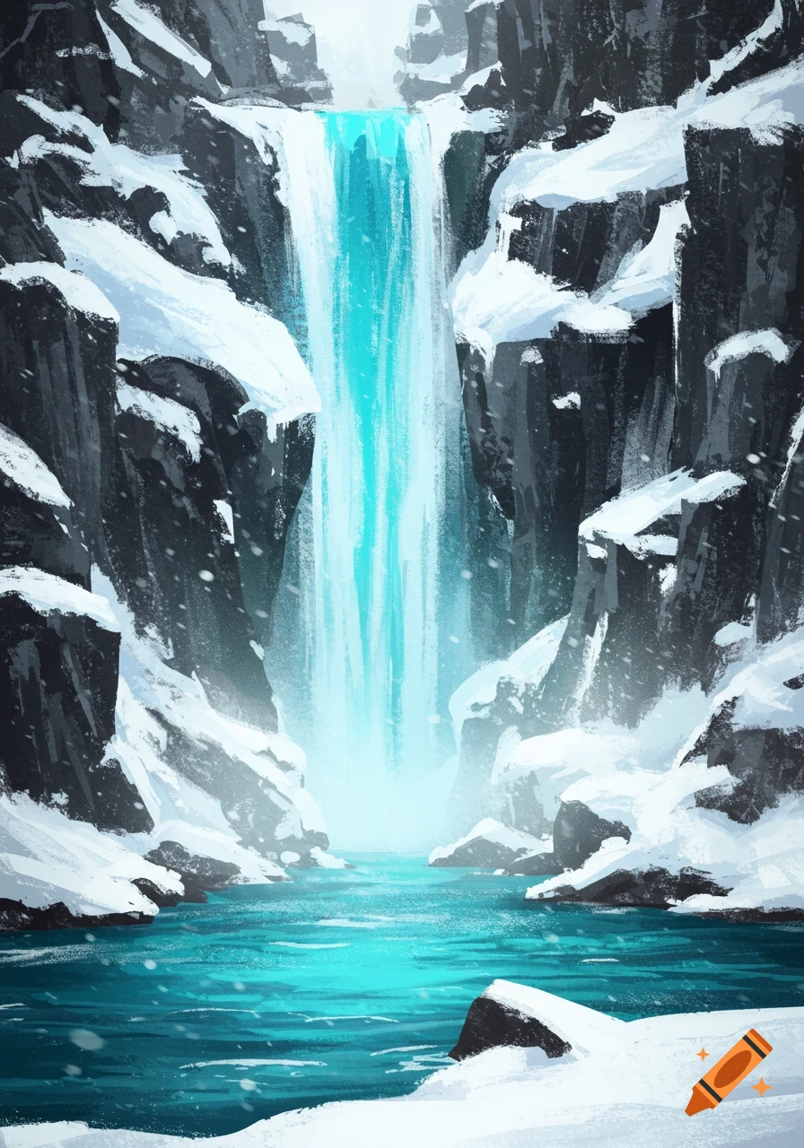 A digital painting of a bright blue waterfall cascading down snowy cliffs into a glowing pool.