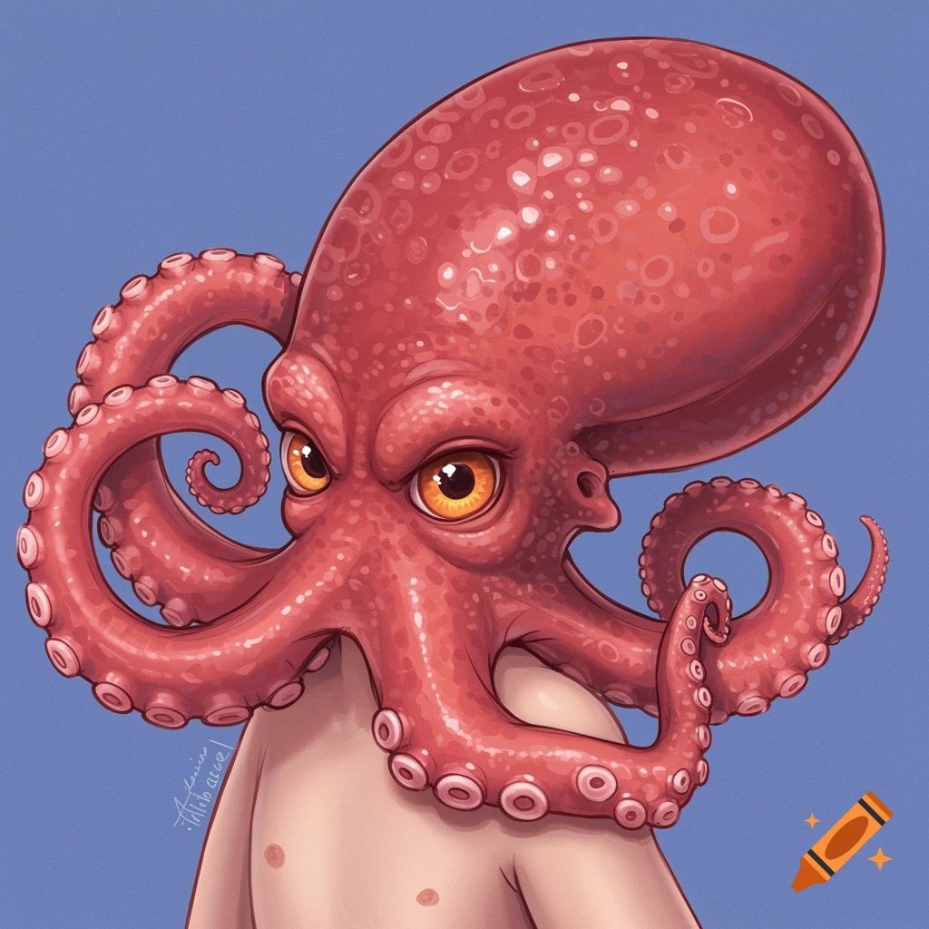 Stylized illustration of a person with a red octopus head and tentacles on a blue background.