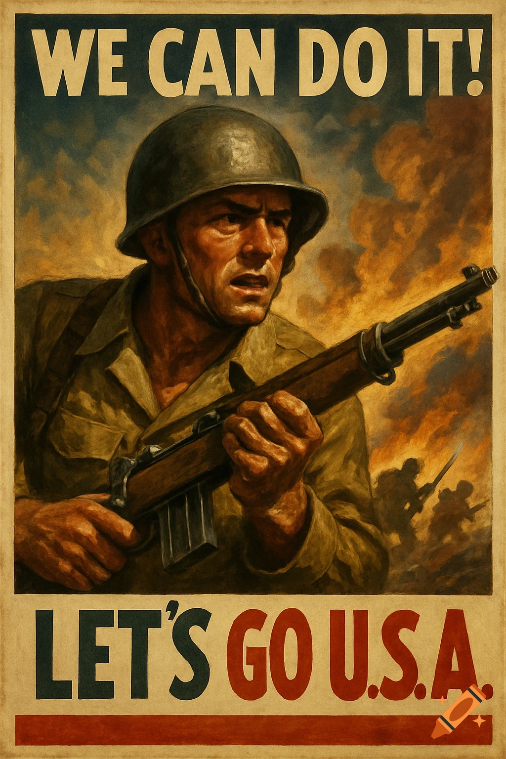 WW2 style propaganda poster of a soldier with a rifle and text 'WE CAN DO IT!' and 'LET'S GO U.S.A.'