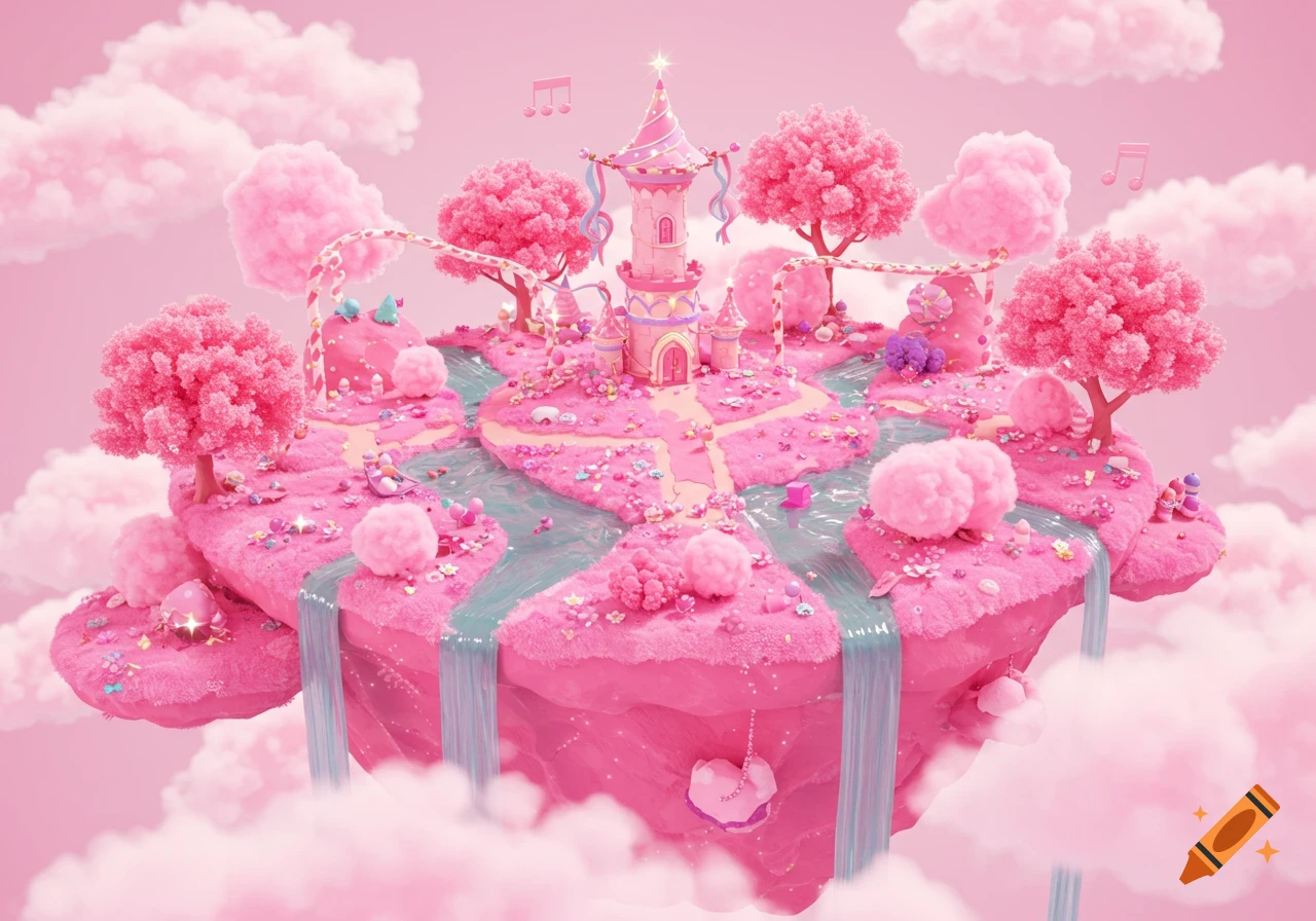 A whimsical pink floating island with a castle, rivers, trees, and clouds.