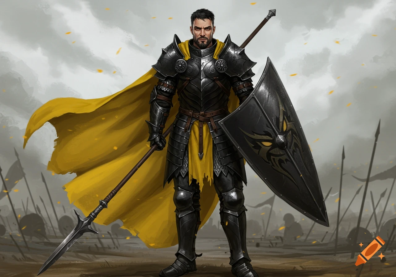 A knight in black armor and yellow cape stands with a spear and shield on a battlefield.