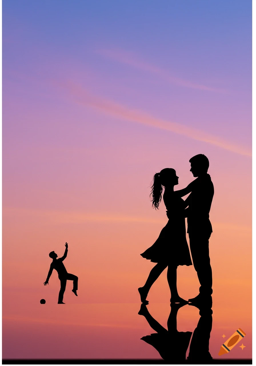 A couple dances in silhouette against a vibrant purple and orange sunset sky, with another silhouette standing to the side.