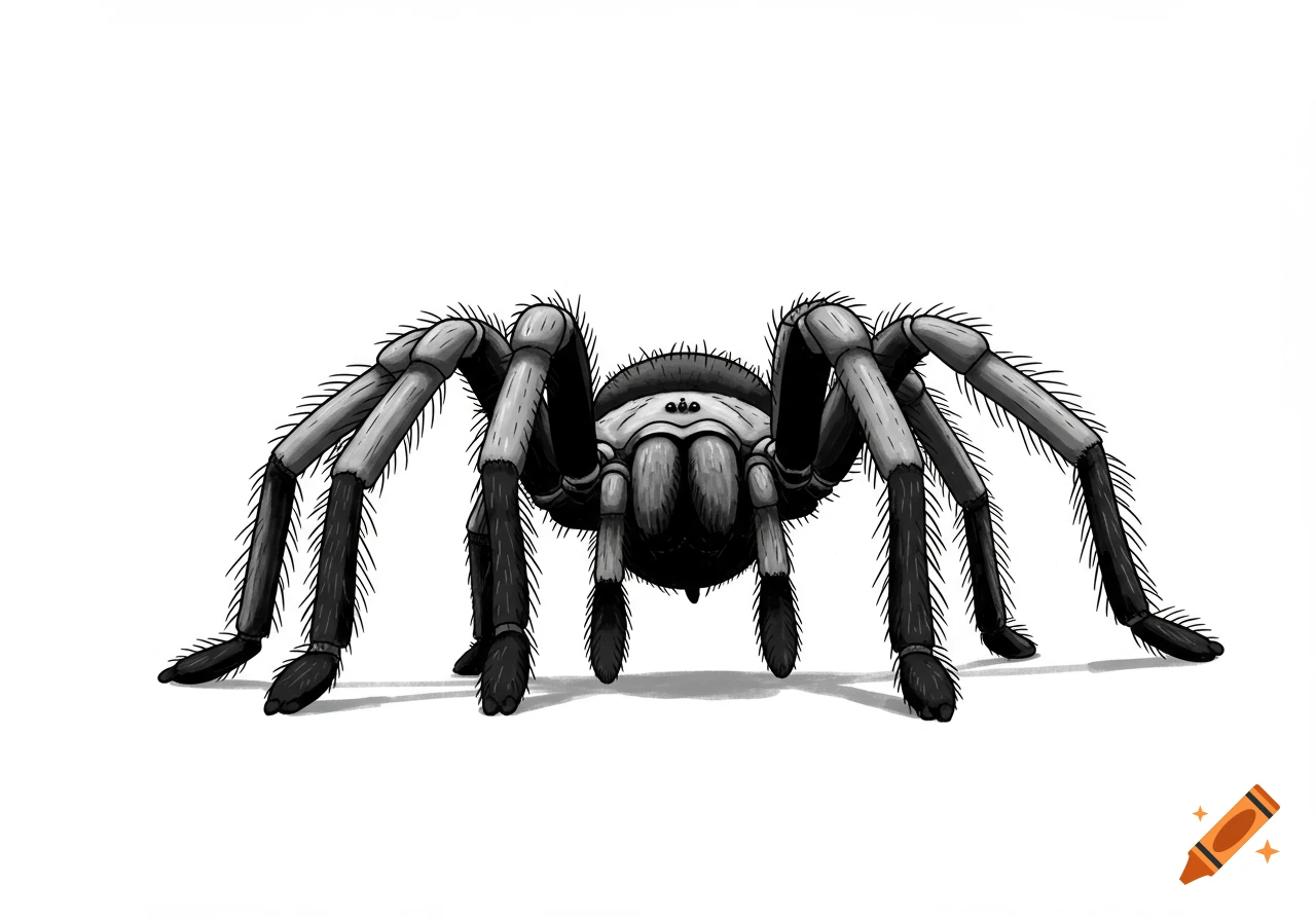 Black and white coloring book illustration of a tarantula spider.