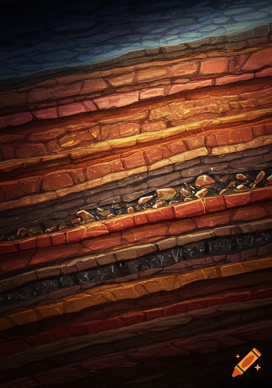 Stylized illustration of colorful rock strata showing layers of the Earth's crust.