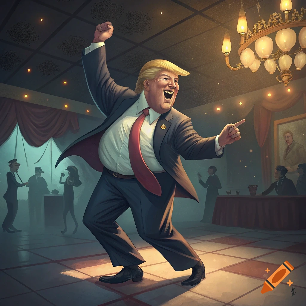 Donald Trump in a suit celebrates and dances in a room with other people.