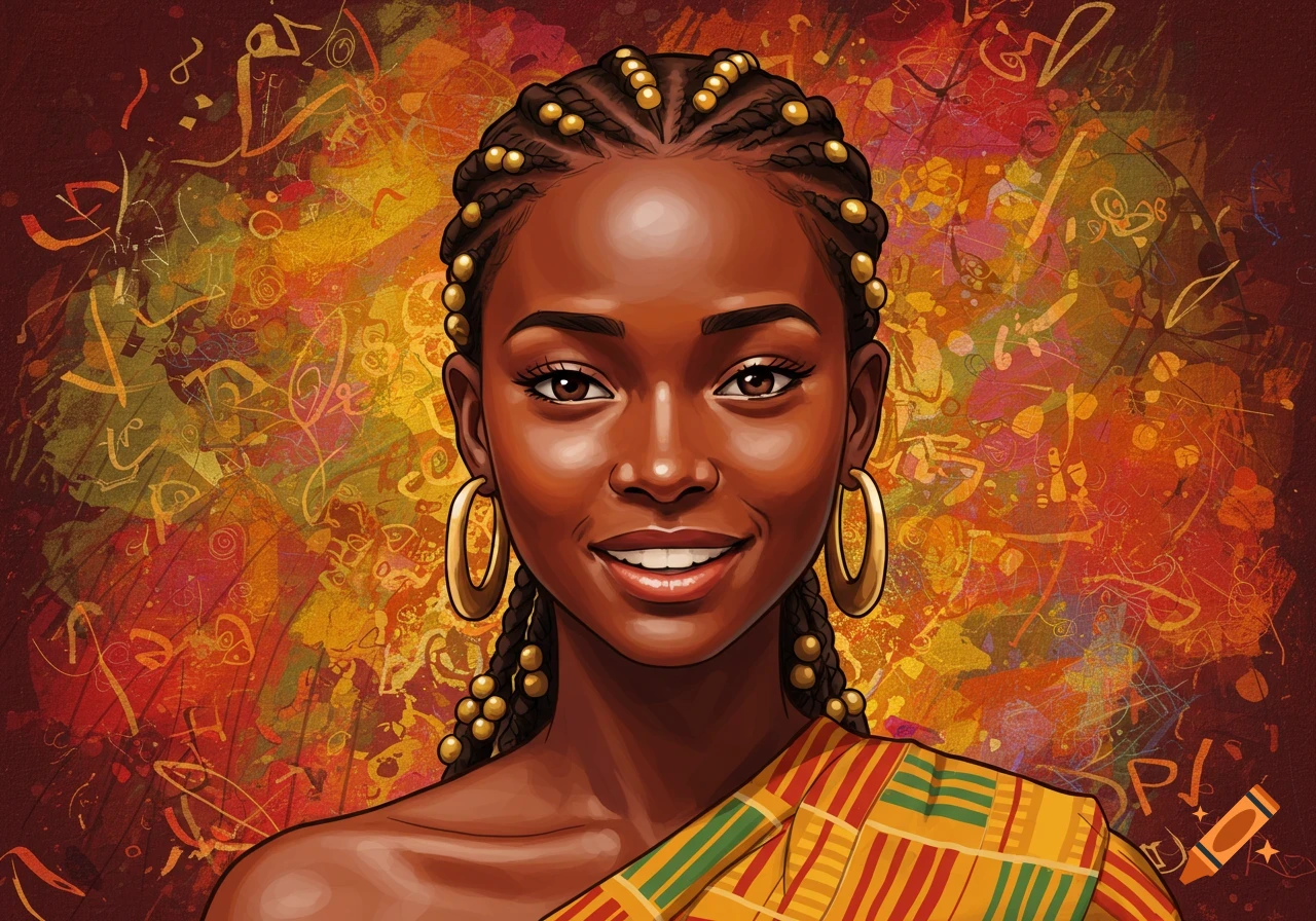 Portrait of a smiling Black woman with braided hair, gold beads, and kente cloth against a vibrant abstract background.