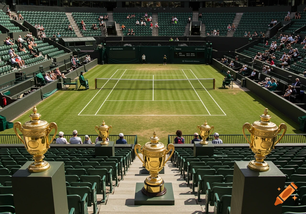 View of a tennis court from tiered seating with spectators and large gold trophies in the foreground.