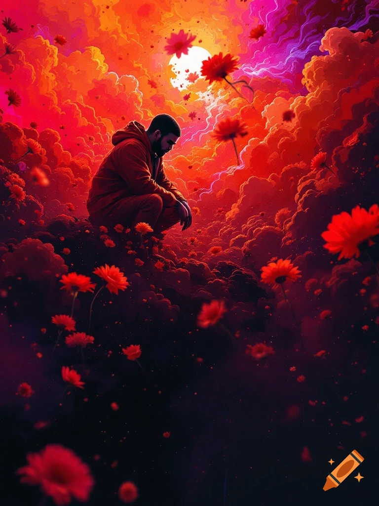 A figure sits among red flowers on red and orange clouds under a bright sun in a dramatic, surreal painting.