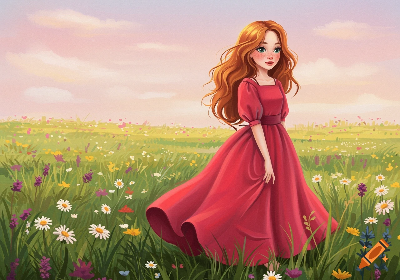 A girl with red hair in a long red dress stands in a field of colorful flowers under a pink and blue sky, illustration style.