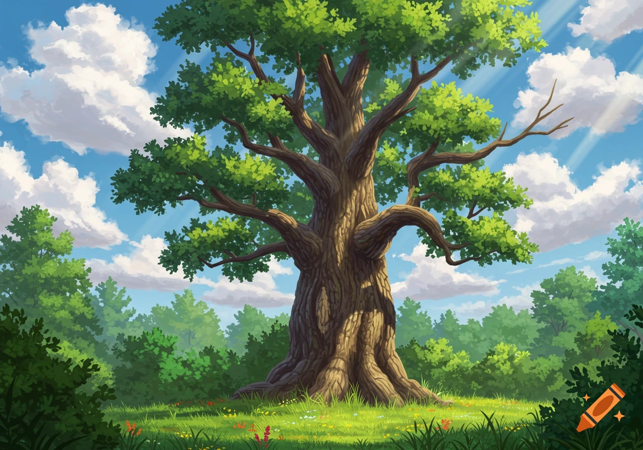 An illustrative depiction of a large, ancient tree in a sunny forest clearing under a blue sky.
