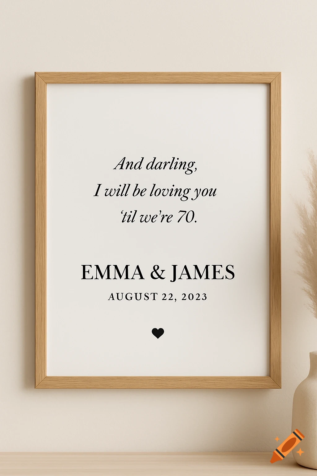 Framed minimalist wall art print with romantic quote, names, and date on a wall with decor.