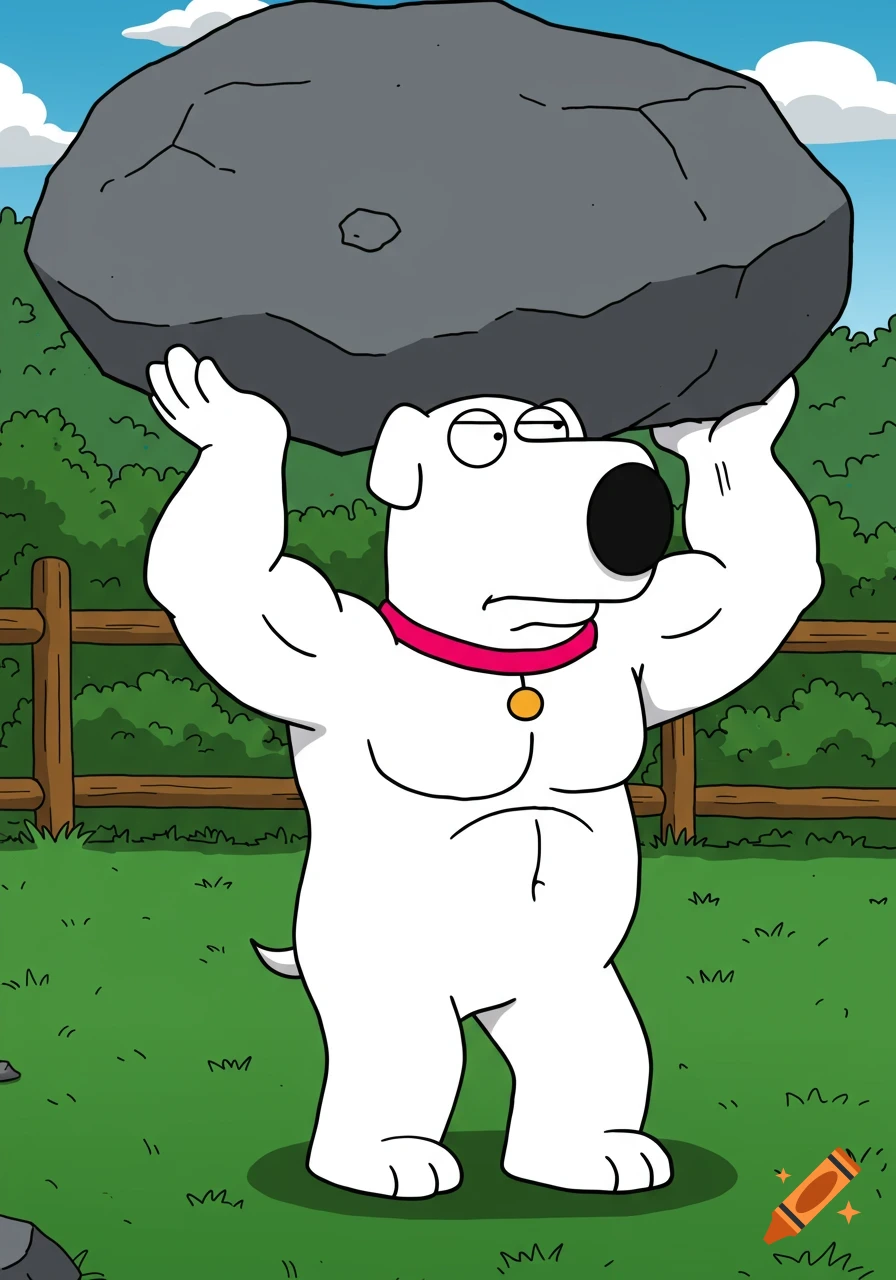 Muscular Brian from Family Guy lifting a large boulder over his head in cartoon style.