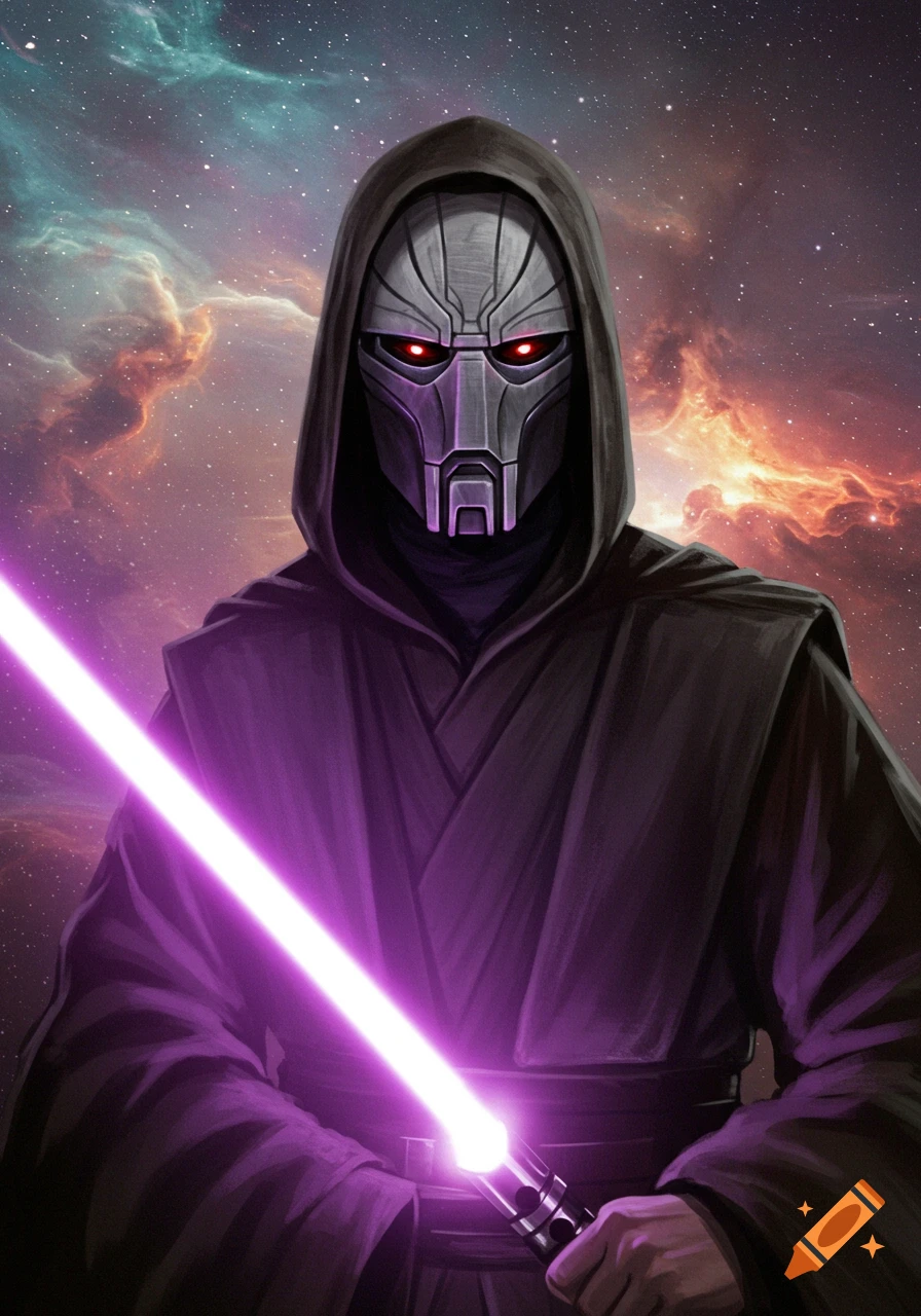 Hooded figure in a mask holding a purple lightsaber against a space ...
