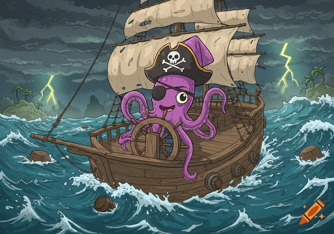 Cartoon of a purple octopus in a pirate hat steering a ship through a stormy sea.