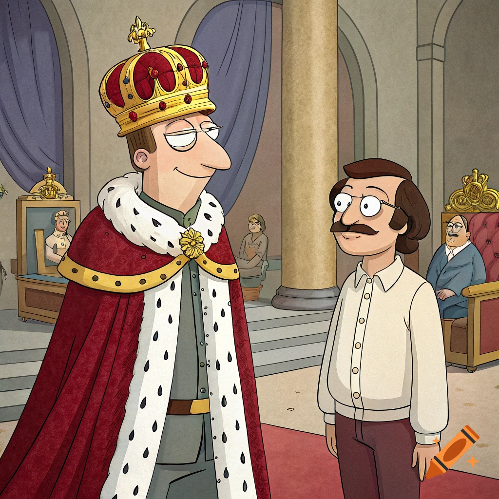Cartoon king in a red robe stands next to a man in a palace throne room.