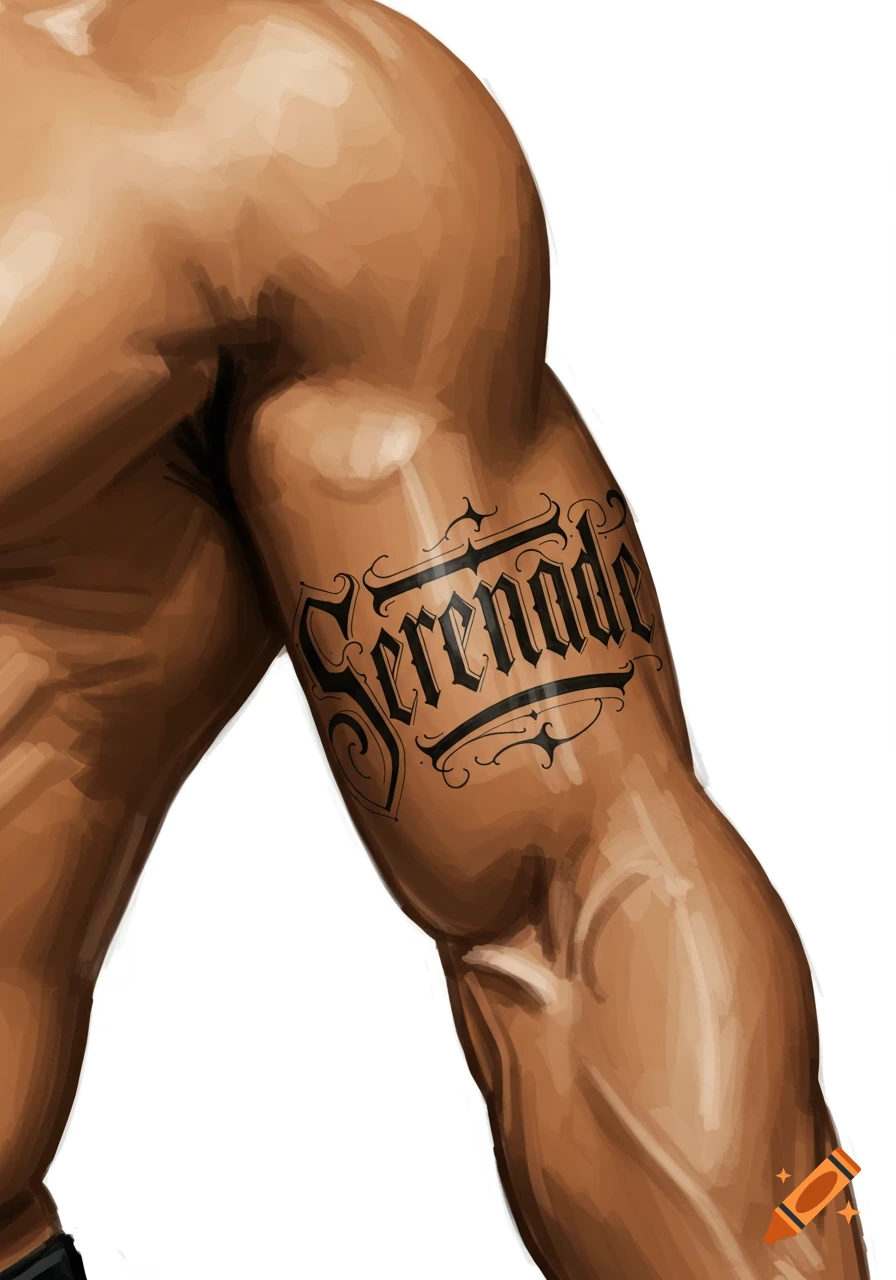 Close-up digital painting of a muscular arm with a tattoo reading 'Serenade'.
