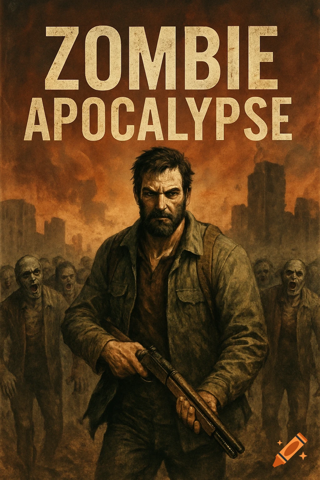 A man with a shotgun faces a horde of zombies in a desolate city, with the text 'ZOMBIE APOCALYPSE' above.