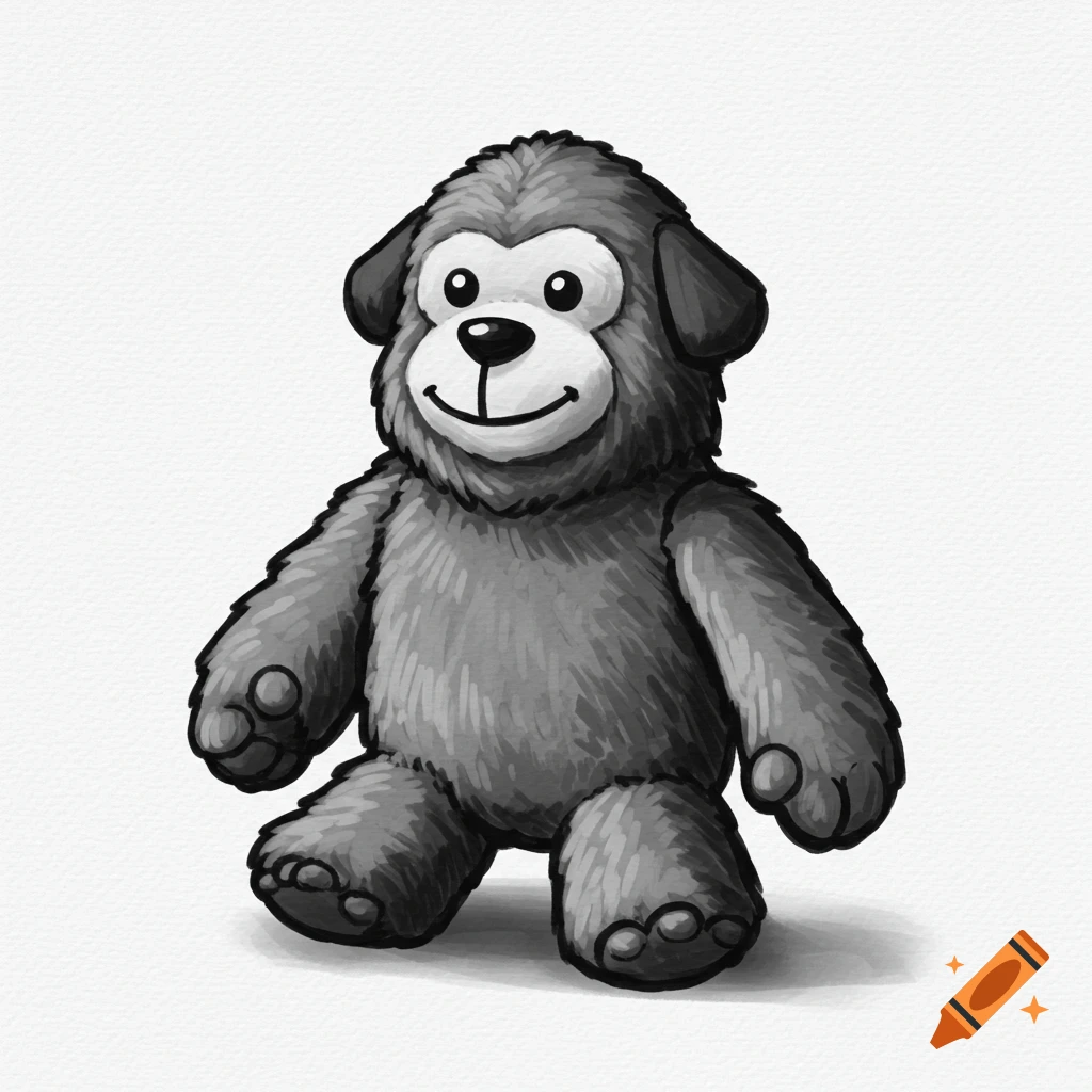 A black and white illustration of a bigfoot dog stuffed toy.