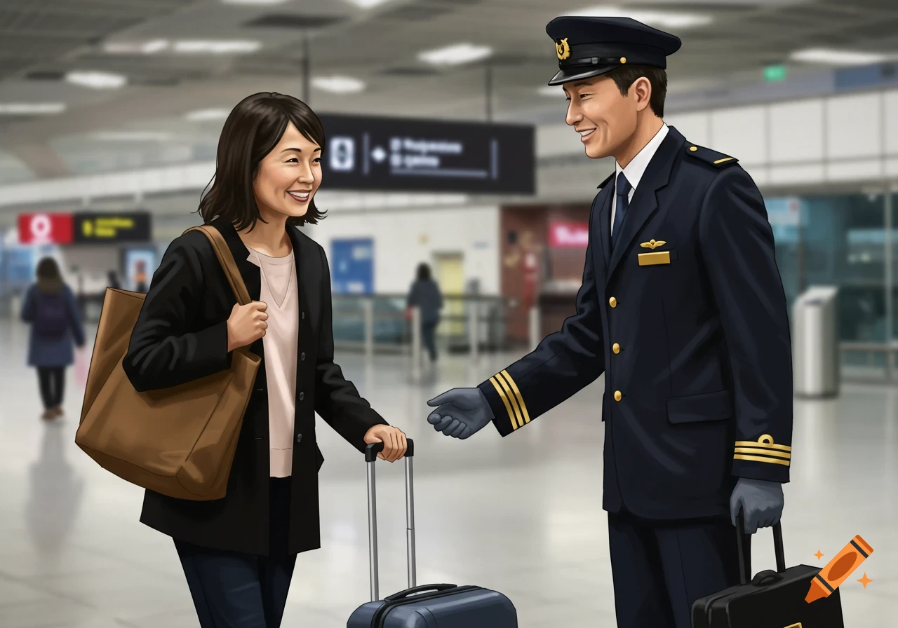 A smiling woman with a suitcase is greeted by a pilot or chauffeur in uniform at an airport. Digital illustration.