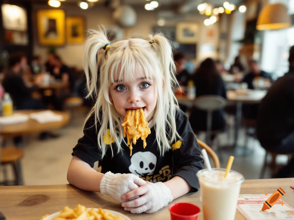 Young girl with messy food around her mouth eating at a restaurant table
