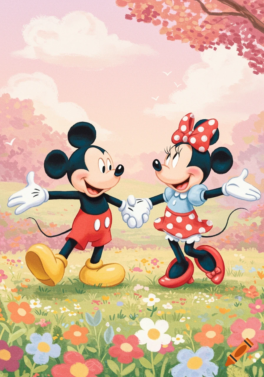 Mickey and Minnie Mouse holding hands in a field of flowers under a pastel sky.