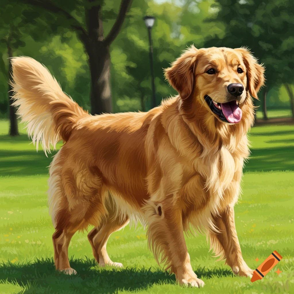 A golden retriever dog stands in the grass in a park. on Craiyon