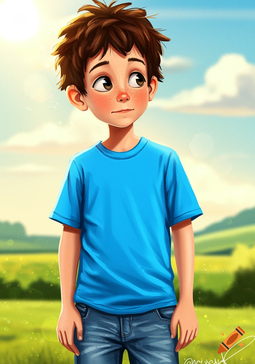 An illustration of a young boy standing in a sunny field.