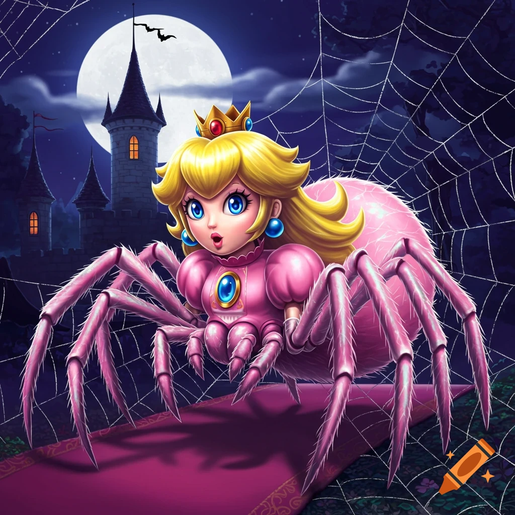 Princess Peach as a pink spider creature on a red carpet in front of a castle at night.