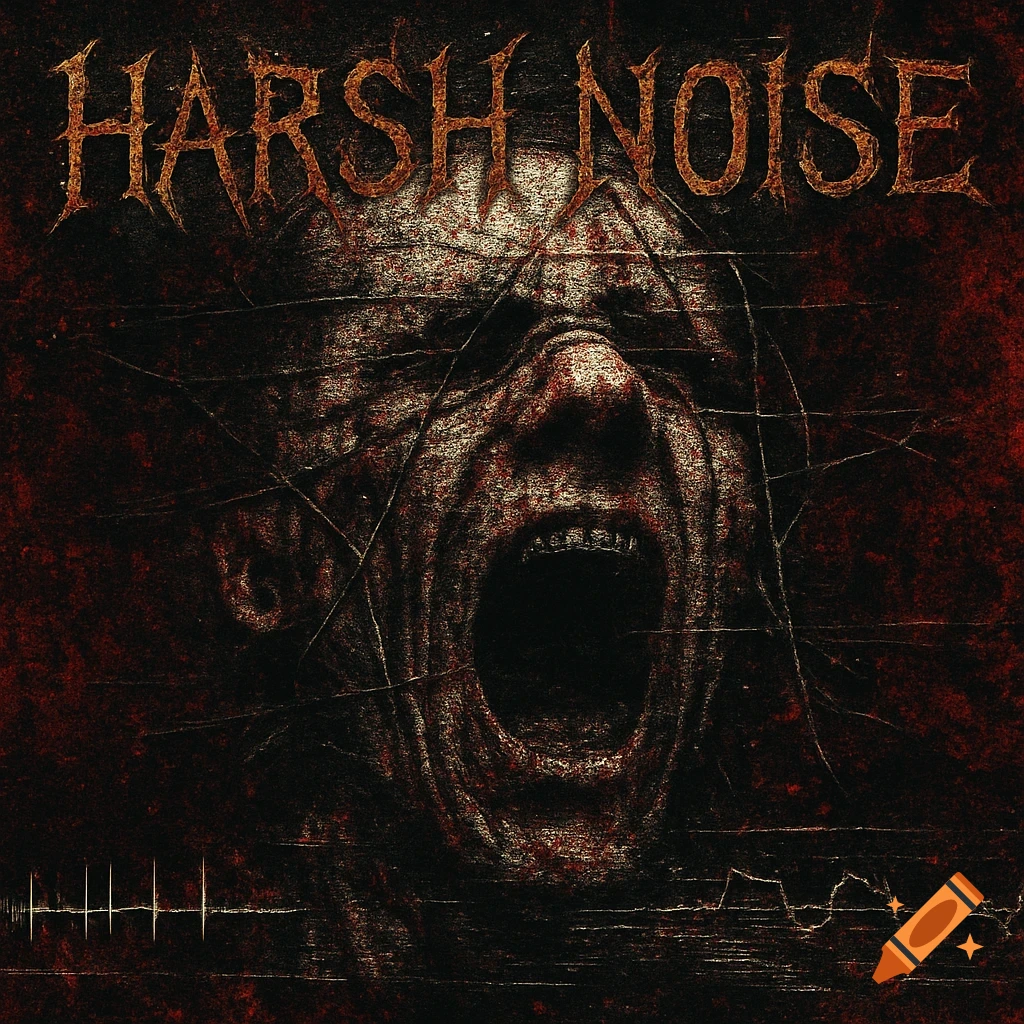 Distorted screaming face with text 'Harsh Noise', abstract red and black grunge texture.