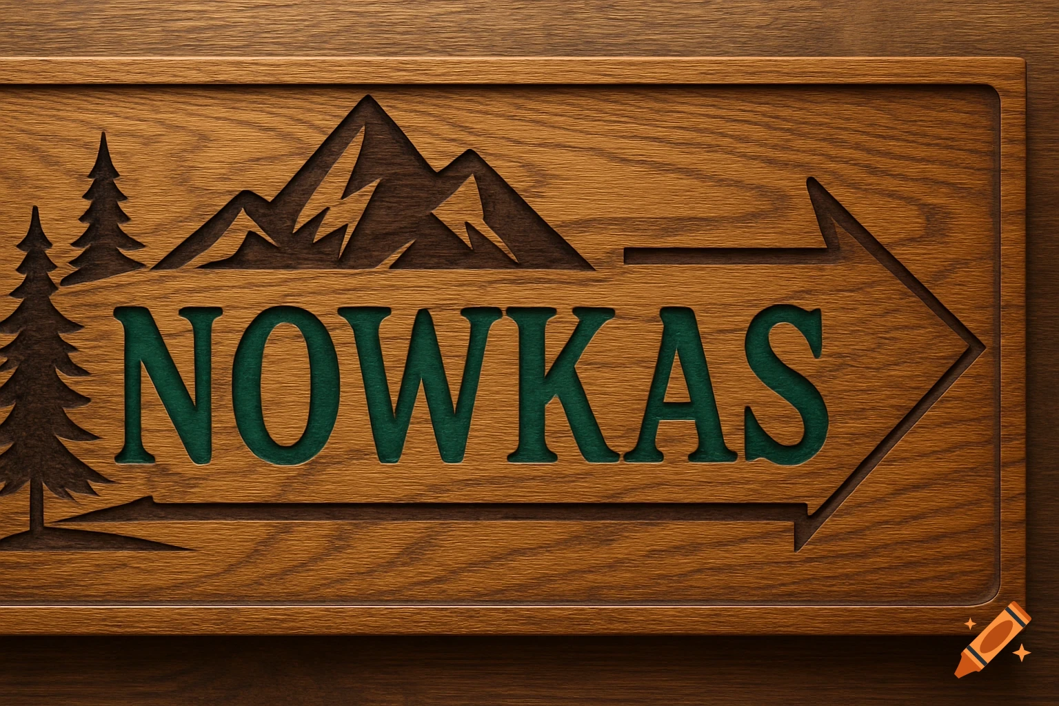 Wooden sign with mountain and tree cutouts and 'NOWKAS' pointing right.