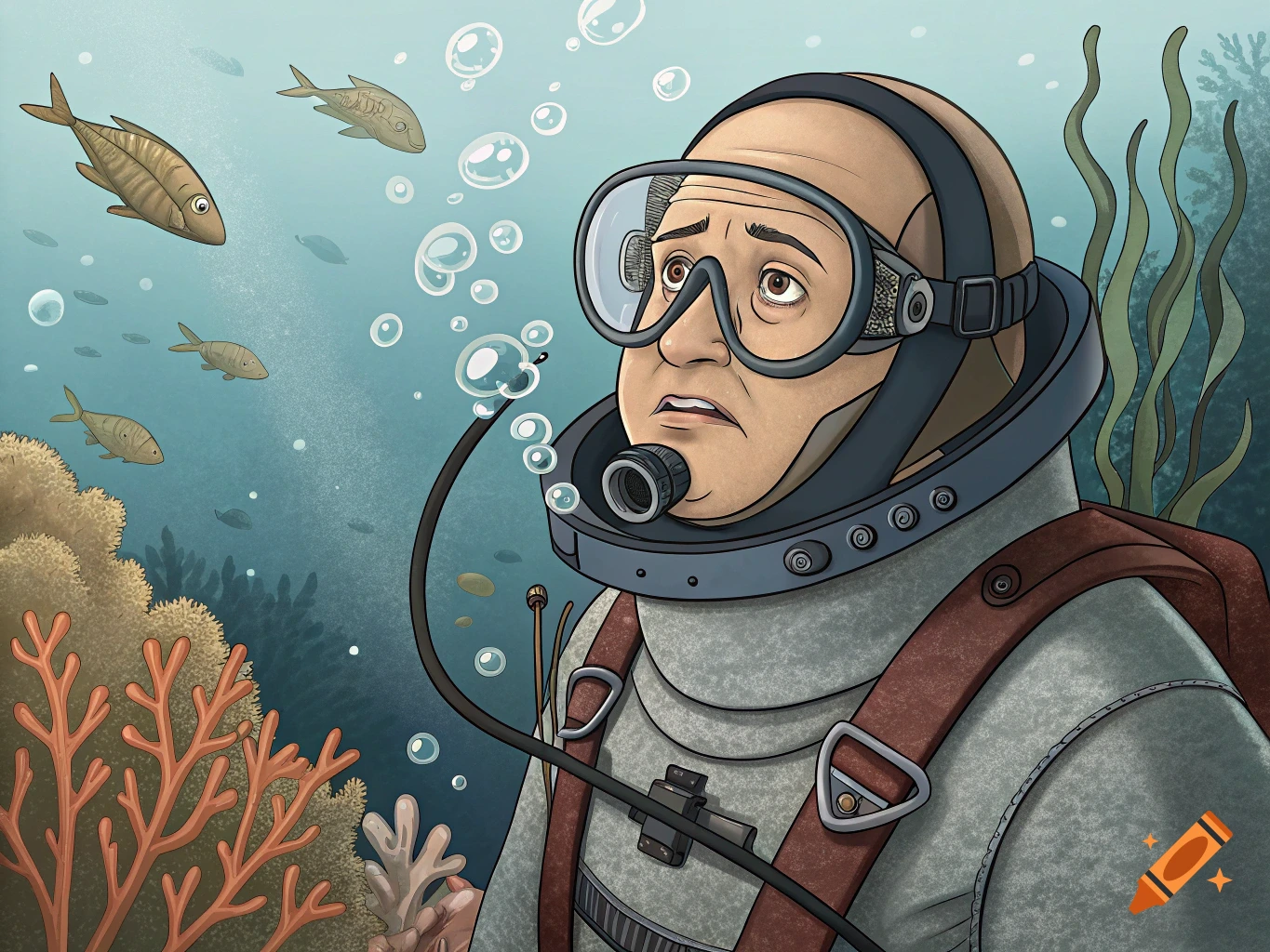 Illustration of a man in a diving suit looking uncomfortable underwater.
