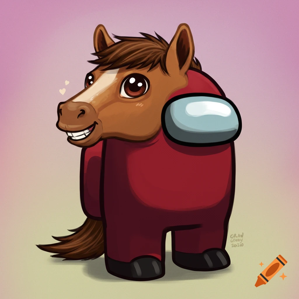 A cartoon Among Us character with a brown horse head and tail wearing a red suit.