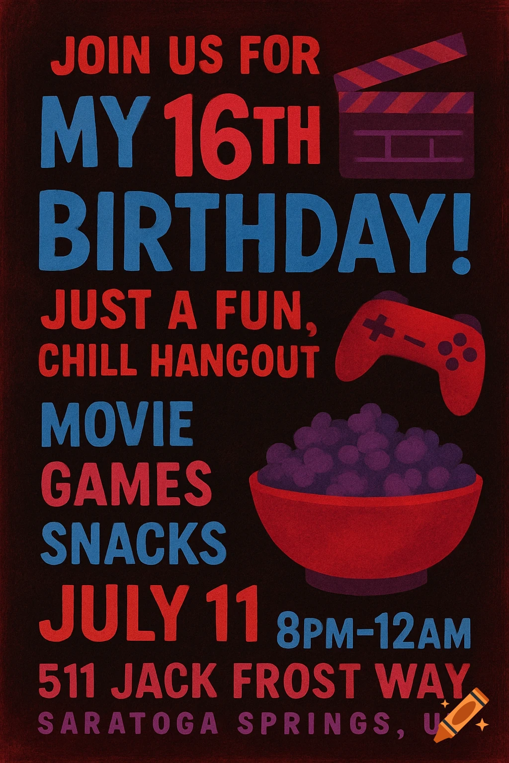 Graphic birthday invitation poster with text, movie clapperboard, game controller, and bowl of snacks.