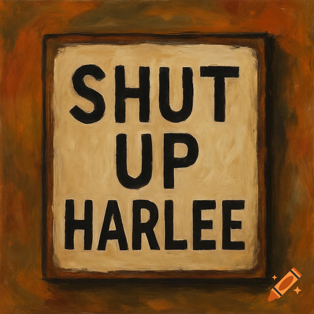 Painting of a sign that reads SHUT UP HARLEE