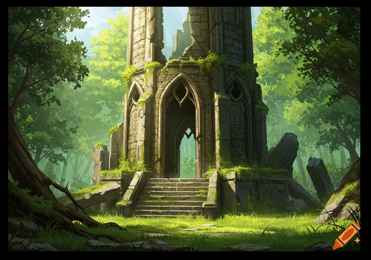 Fantasy illustration of a mossy stone tower ruin in a forest.