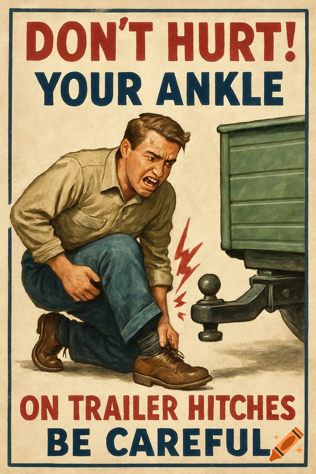 Vintage poster illustration of a man hurting his ankle on a trailer hitch.
