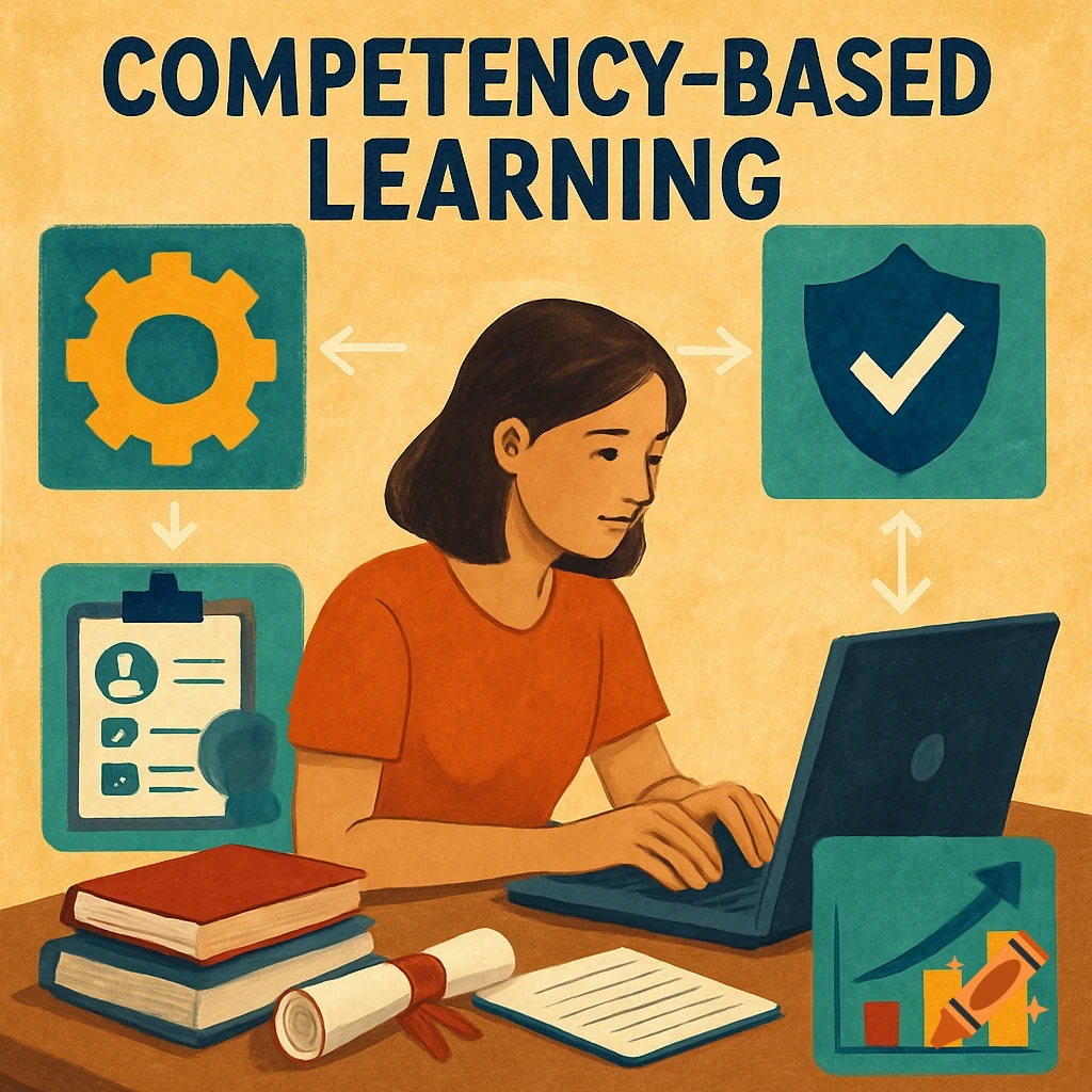 Illustration of a woman studying on a laptop with books and icons representing skills and achievement, in a flat, textured style.