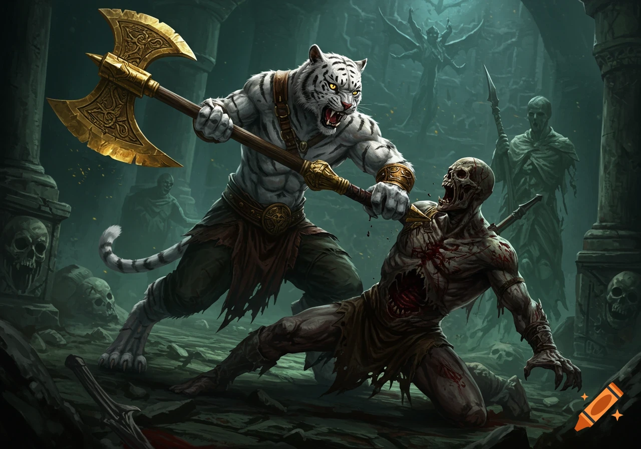 A white tiger creature with a golden axe fights a skeletal zombie in a dark ruin.