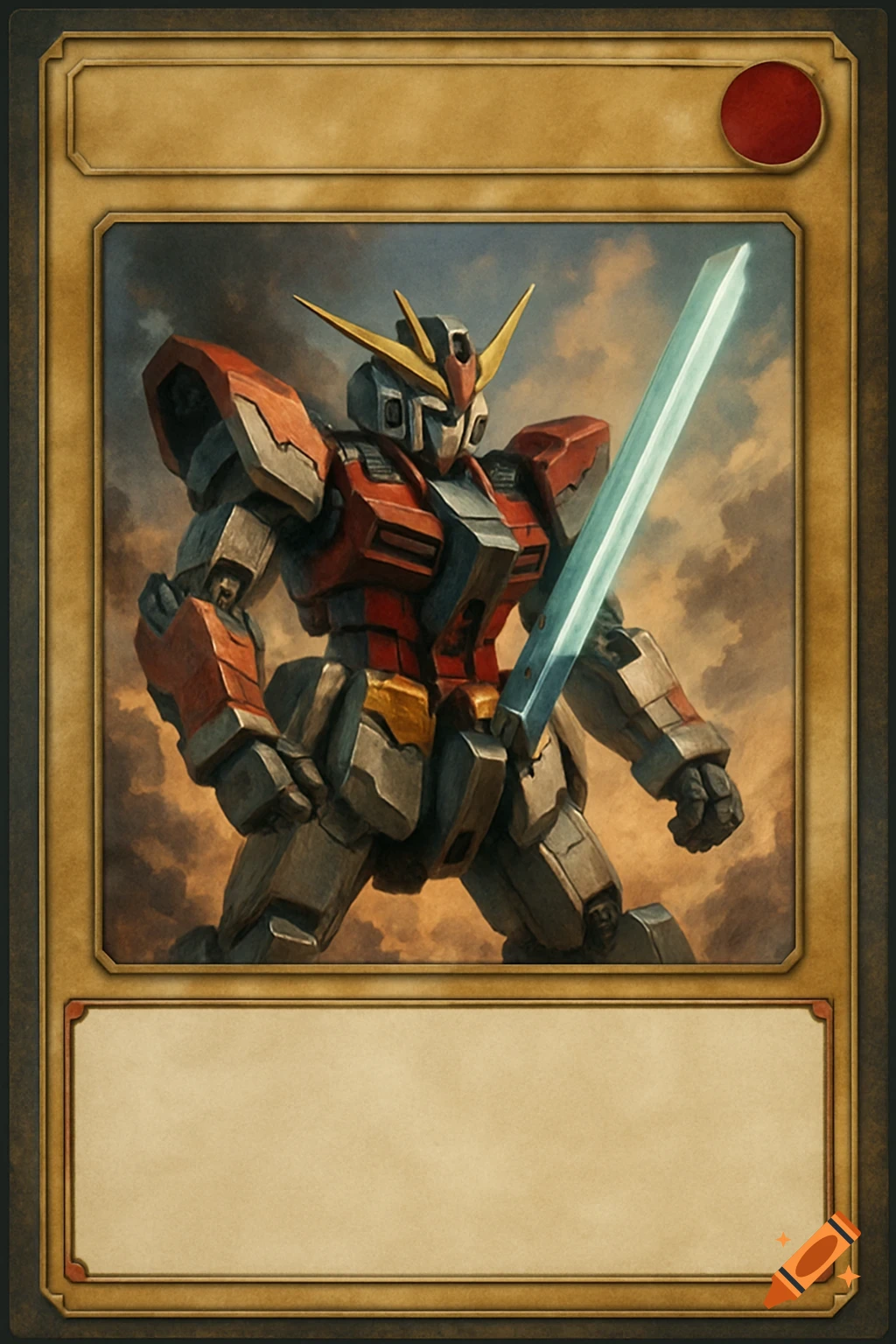 A Japanese mecha trading card template featuring a red and gray robot with a sword against a cloudy sky.