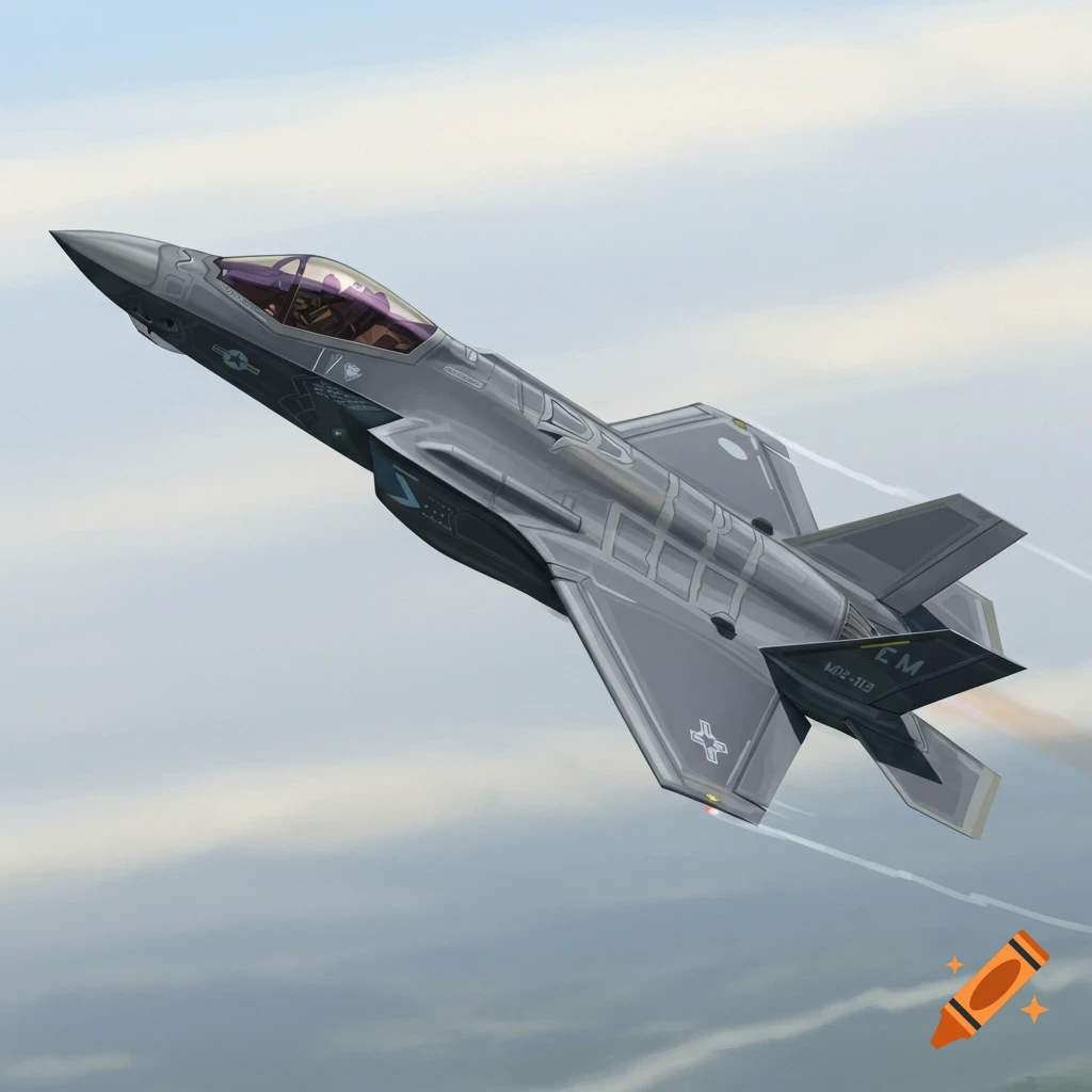 A digital illustration of a grey F-35 fighter jet flying through a cloudy sky.