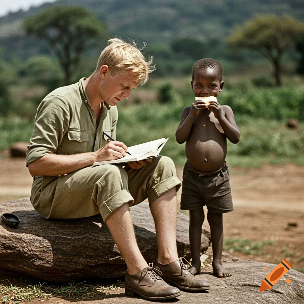 A man writes in a book on a rock in Africa while a child eats bread next to him, 1960s photo.