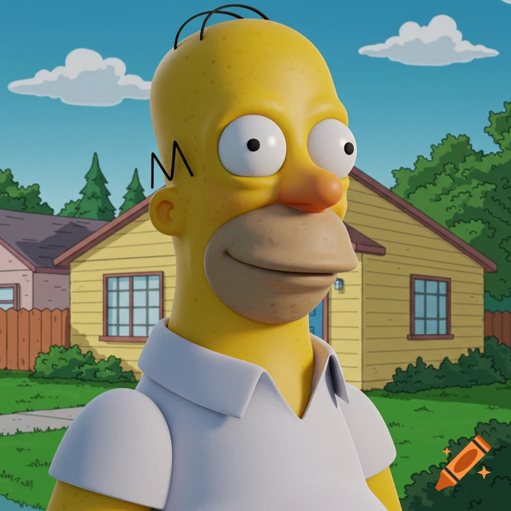 A 3D rendered image of Homer Simpson standing in front of his house.