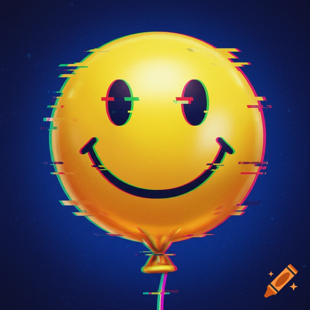 A yellow smiley face balloon with red, green, and blue glitch distortion against a dark blue background.