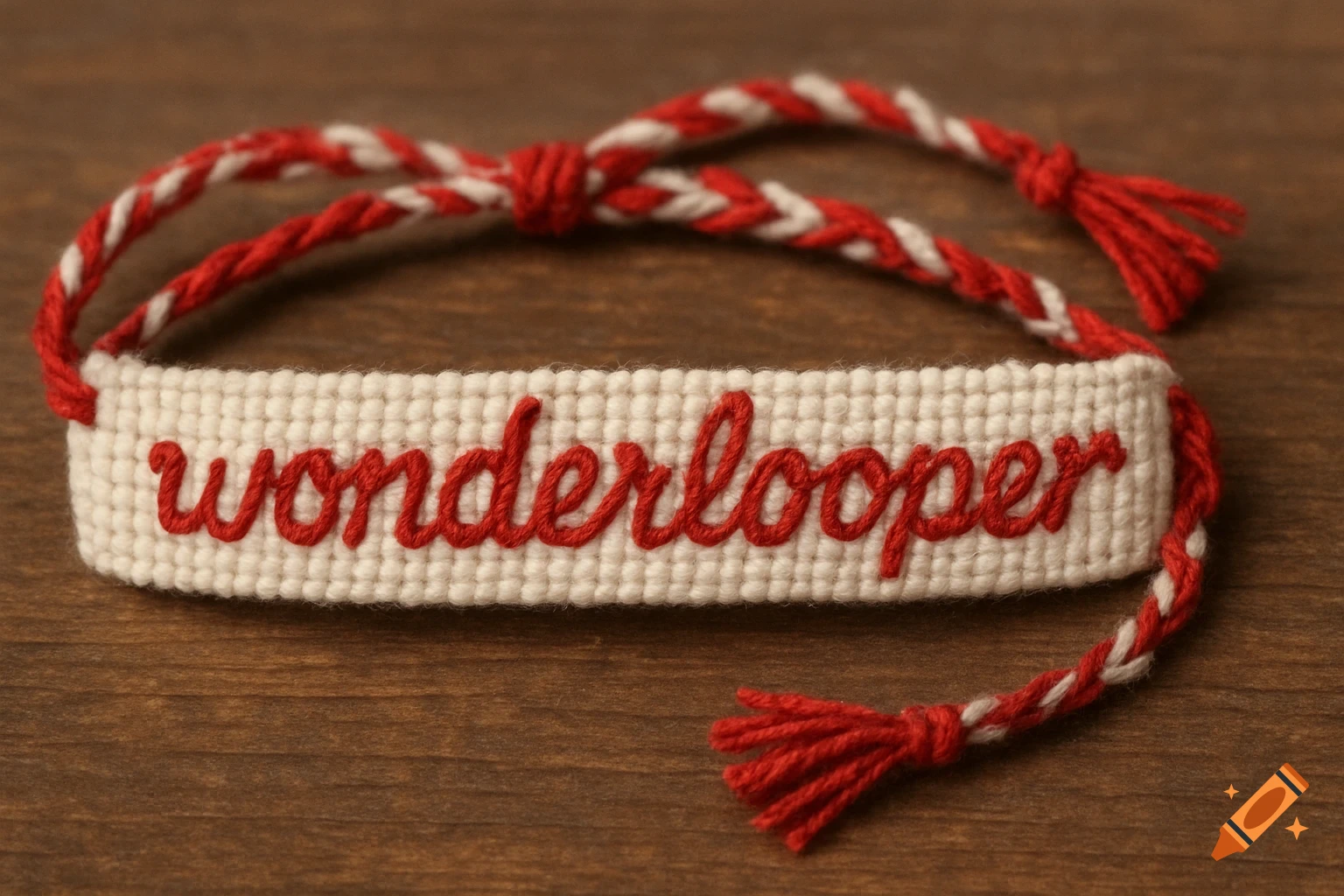 A white friendship bracelet with red embroidered cursive text that reads "wonderlooper".